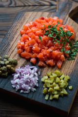 Close-up of salmon tartar, selective focus, studio shot