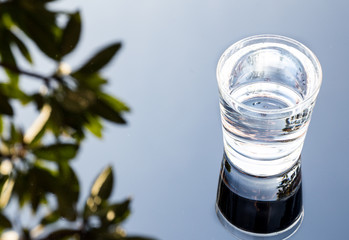 Refreshing purified water in transparent glass with reflection against blue sky, cloud and greeneries