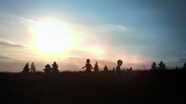 Little boys running happy on green meadow at sundown