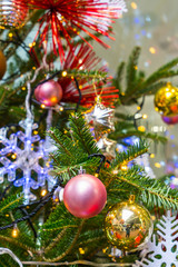 Closeup of Christmas tree decorations background