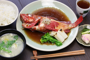 simmered kinki rockfish with rice and miso soup, japanese cuisine
