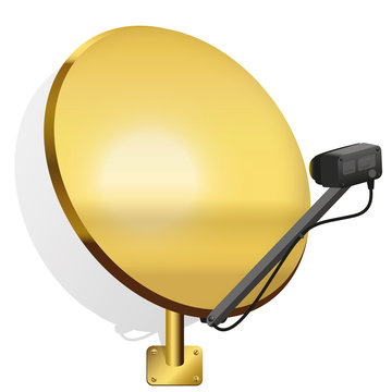 Golden satellite dish to receive signals for television, radio, internet. Isolated vector illustration on white background.