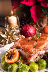 Christmas dinner with brussels sprouts in orange sauce