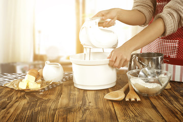 wooden table and woman 