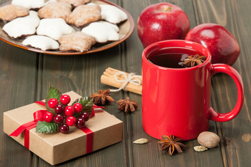 Mug Of Tea Or Coffee. Apples, Spices. Gingerbread Star Cookies W