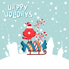 XMas card. Image birdies in a Santa hat with candies on sled.