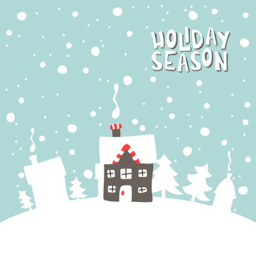 Greeting card. Image gingerbread house on a snowy background.