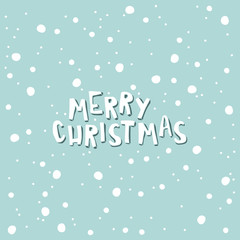 Merry Christmas on a light blue background with snowflakes.