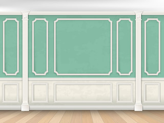 Green wall interior in classical style with pilasters and moldings. Architectural background.