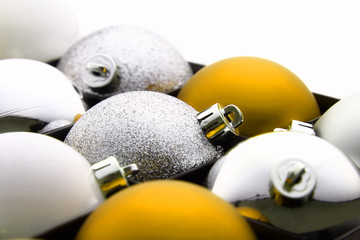 Bunch of yellow and white Christmas decoration balls