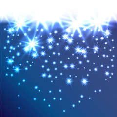 Glow snowflakes or stars fall down. Decorative background for holiday invitations, cards or web banner. A smooth transition from white. It can be used as a border.