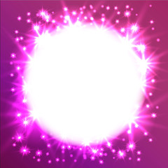 Glowing Star round frame.  It can be used as an effect in the photo. Starry sky in a circle on a pink background.