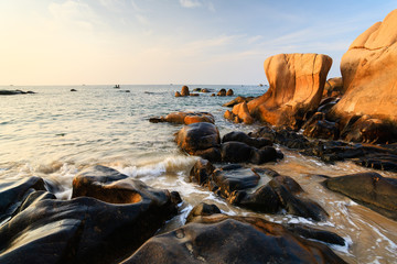Co Thach beach is like an art masterpiece that nature grants to Tuy Phong, Binh Thuan, Vietnam. Co Thach is a new destination for photographer with thousand-years-stones covered in green seaweed.