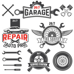 Collection of vintage retro grunge car labels, badges and icons. Garage,Car repaire station, Tire Service labels and badges and design elements.