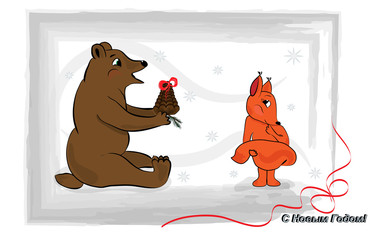 Новогодняя открытка детская, медвежонок дарит белочке лесную шишку © Aynadance
