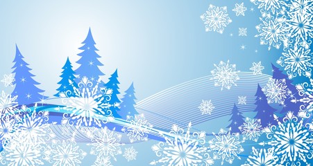 Fototapeta na wymiar Winter banner with snowflakes and blue conifers
