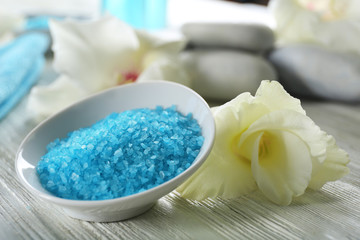 Spa set on wooden table closeup