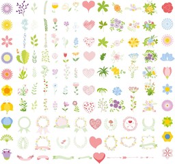 Set of wedding graphic set- wreath, flowers, arrows, hearts, laurel, ribbons and labels, brushes depicting an award achievement heraldry nobility, hand drawing vector illustration 