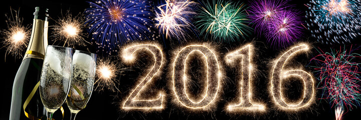happy new year 2016 background with champagne and fireworks