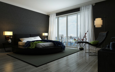 Modern black and white bedroom interior