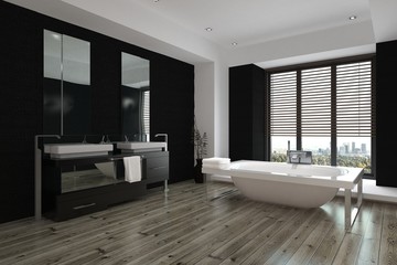 Naklejka na ściany i meble Spacious modern black and white bathroom interior