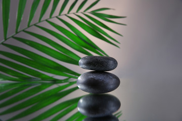 Fototapeta na wymiar Spa stones and green palm branch on grey background