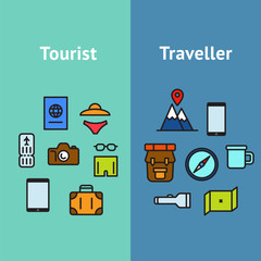 Collections of equipments for tourist and traveller