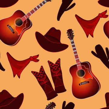 Seamless pattern with country music elements. Music background. Vector illustration