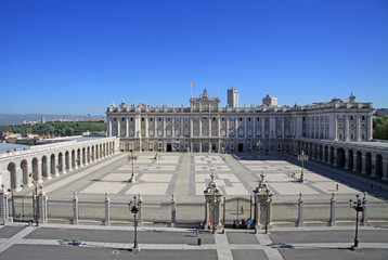 MADRID, SPAIN - AUGUST 23, 2012: Palacio Real - Royal Palace in Madrid. View from the top of Almudena Cathedral