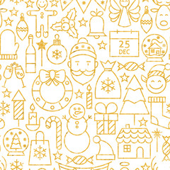 Thin Line Gold Merry Christmas Seamless Pattern