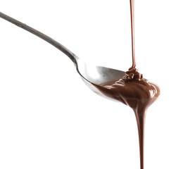 Melted milk chocolate pouring from a spoon, isolated on white
