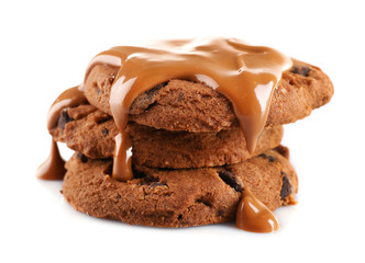 Chocolate poured on a biscuit isolated on white