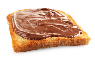 Chocolate poured on piece of bread isolated on white