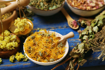 Assortment of dry medicinal herbs in bowls on wooden background top view