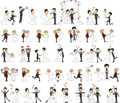 Set of wedding pictures, bride and groom in love, the vector 