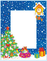Vertical vector border with a decorated Christmas tree, a toy cuckoo-clock and gifts
