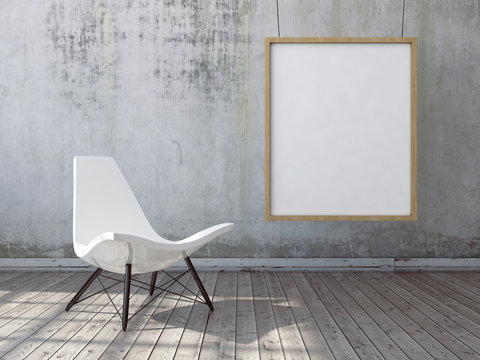 mock up poster frame in interior background with chair. 3d illustration