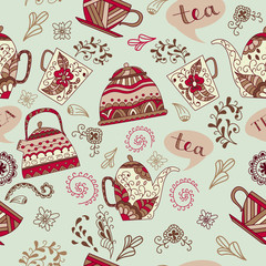 Seamless pattern with hand drawn mug, teapot  sugar bowl, swirl and twig.  Doodle style. All elements are  cropped, not hidden under mask.  Background, wrapper, textile.