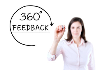 Businesswoman drawing a 360 degrees Feedback concept on the virtual screen. Isolated on white. 