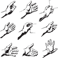 graphic drawings of hands, hand; finger; thumb; palm; isolated; lines; stylization; form; shape; black; element