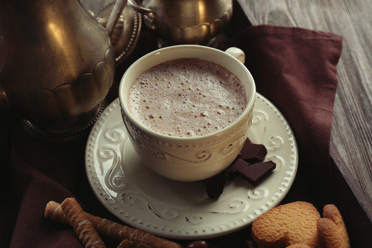 Vintage Cup Of Cacao On Tray With Silver Service And Cookies