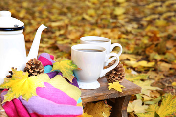 Autumn composition with hot beverage on nature background