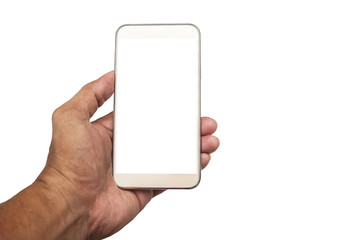 Hand with smartphone white screen isolated, Clipping path