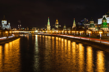 illuminated Moskva River and Kremlin in Moscow