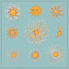 Set of doodle moon and different suns