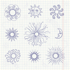 Set of monochrome doodle moon and different suns
