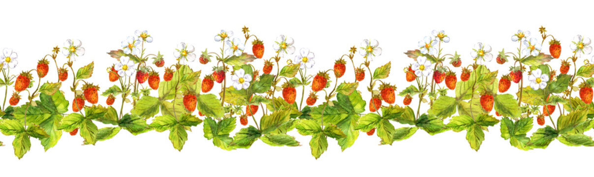 Seamless border with many wild forest strawberries. Watercolour painted banner 