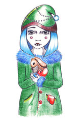Winter New Year X-Mas blue hairstyle girl in hat and coat with rabbit hare