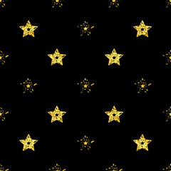 Golden stars on black backdrop. Vector seamless geometric pattern background for decoration, wallpaper, web page, surface textures and print. EPS 10