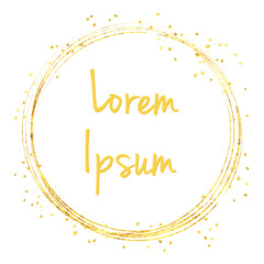 Golden round frame element with gold sparkling circles and dots forms place for text or design. White background. EPS10